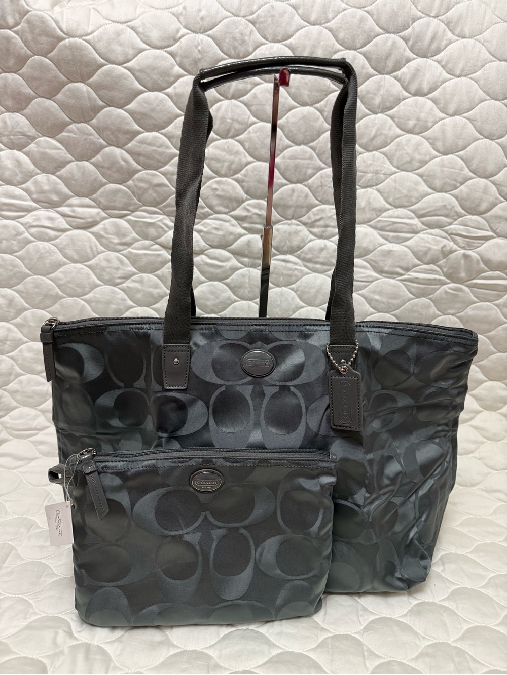 Coach Getaway Silver/Gray Signature Nylon Packable Weekender with Matching Pouch